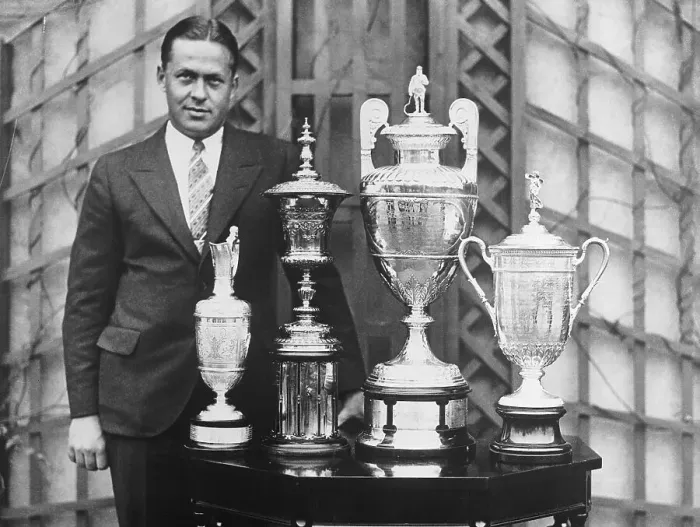 Framed Print : Golfer Bobby Jones with Golf Trophies Framed Print : Golfer Bobby Jones with Golf Trophies