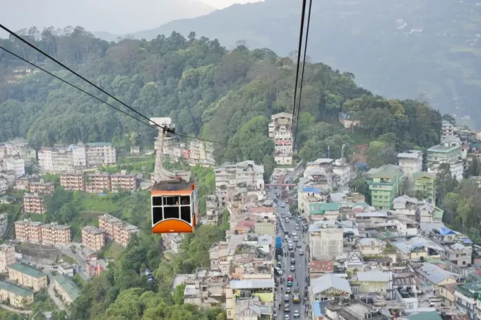 Framed Print : Gondola of a cable car and the town of Gangtok, aerial view, Sikkim, Himalayas, India Framed Print : Gondola of a cable car and the town of Gangtok, aerial view, Sikkim, Himalayas, India