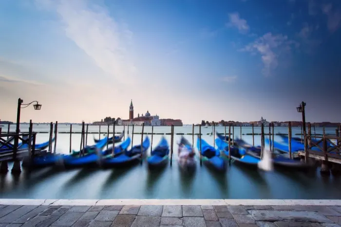 Framed Print : Gondolas moored by Saint Mark square with San Giorgio di Maggiore church in the background - Venice, Venezia, Italy, Europe