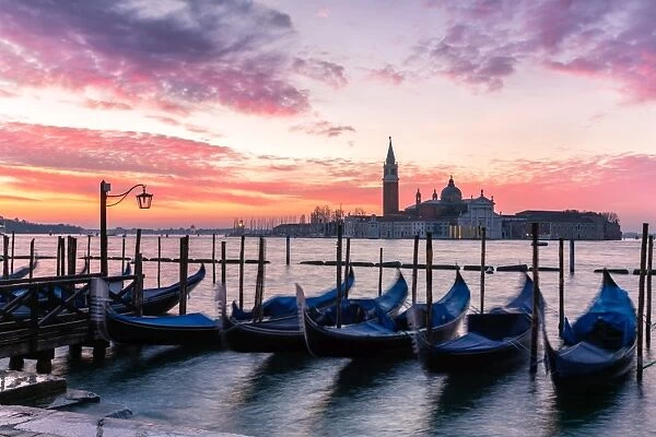 Gondolas in a row at dawn on St Marks basin, Venice