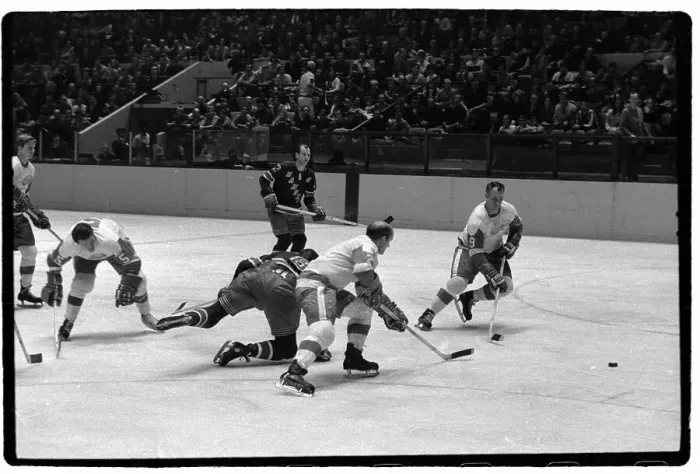 Framed Print : Gordon Howe Races Opponent for Puck Framed Print : Gordon Howe Races Opponent for Puck