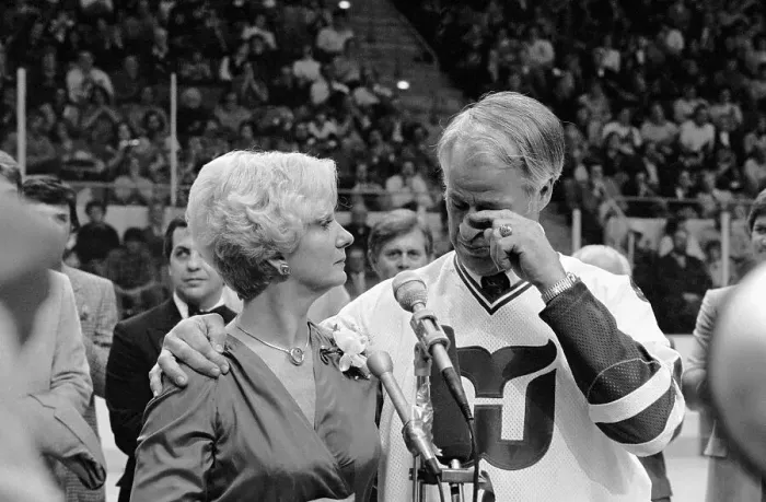 Framed Print : Gordon Howe With Wife, Wiping Eyes Framed Print : Gordon Howe With Wife, Wiping Eyes