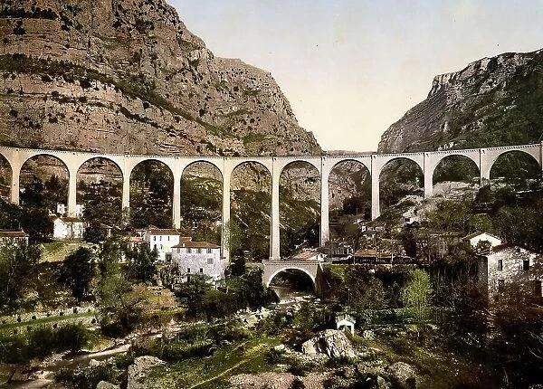 Gourdon, Bridge over the Wolf Gorge, Grasse, Provence-Alpes-Cote d'Azur, France, c. 1890, Historic, digitally enhanced reproduction of a photochrome print from 1895