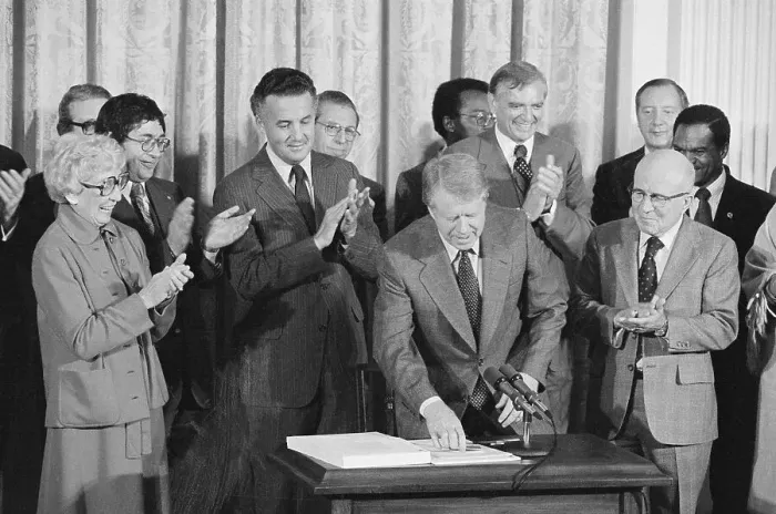 Framed Print : Government Officials surrounding President Carter at Table Framed Print : Government Officials surrounding President Carter at Table