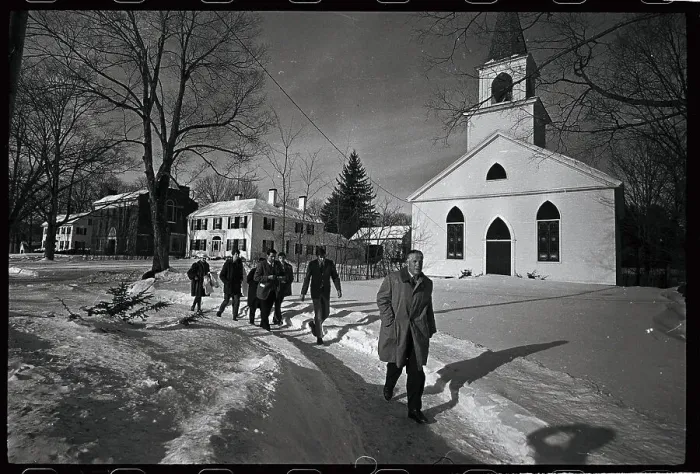 Framed Print : Governor George Romney and Newsmen Walking past Church Framed Print : Governor George Romney and Newsmen Walking past Church