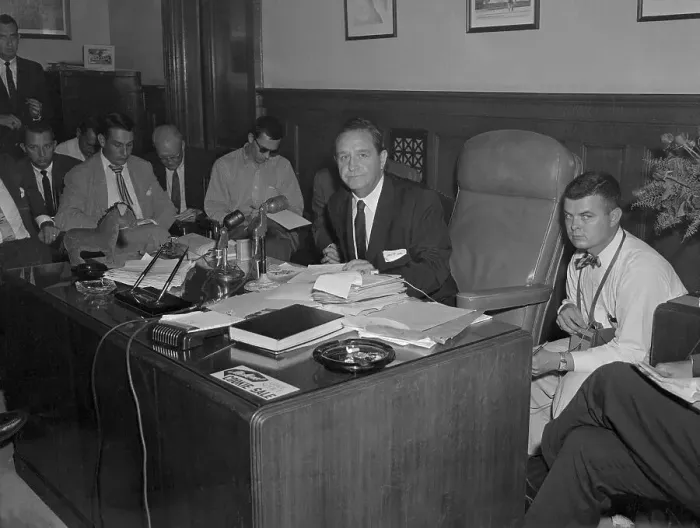 Framed Print : Governor Orval Faubus Sitting at Desk with Reporters Nearby Framed Print : Governor Orval Faubus Sitting at Desk with Reporters Nearby