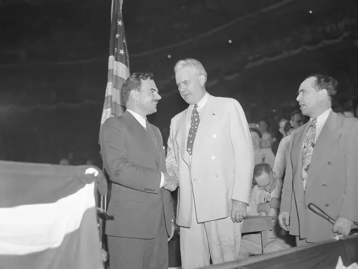 Framed Print : Governors Thomas E. Dewey and John W. Bricker Shaking Hands at Podium Framed Print : Governors Thomas E. Dewey and John W. Bricker Shaking Hands at Podium