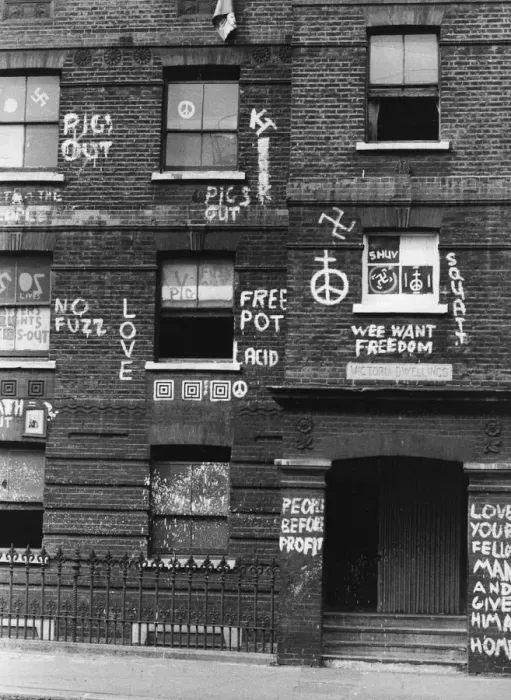Framed Print : Graffiti. circa 1970: Anti-police and pro-drugs graffiti on the walls of Framed Print : Graffiti. circa 1970: Anti-police and pro-drugs graffiti on the walls of