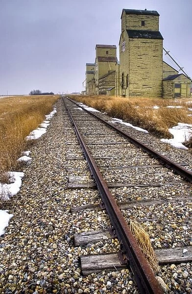 Grain elevators along train tacks, Alberta, Canada