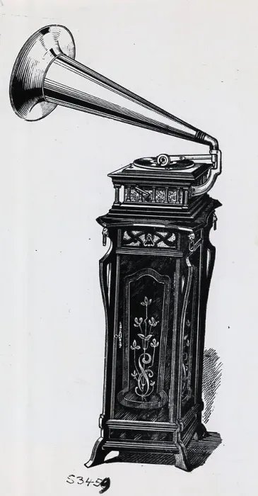 Framed Print : Gramophone On Ornate Stand, Woodcut 1913 Framed Print : Gramophone On Ornate Stand, Woodcut 1913