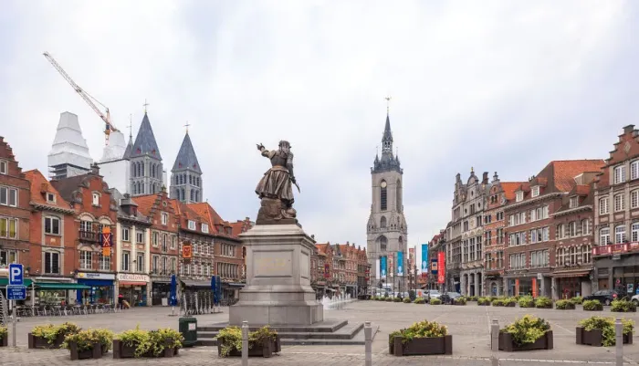 Framed Print : Grand Place and Belfry of Tournai and the statue of Christine de Lalaing
