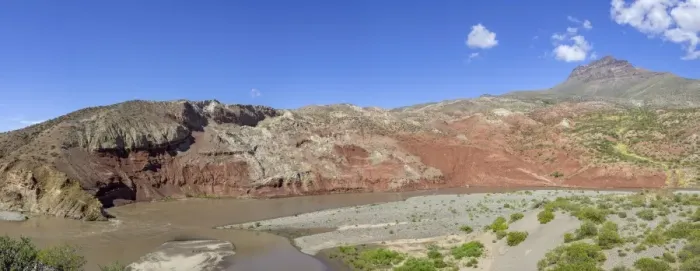 Framed Print : Grande River and colourful mountains, Mendoza, Argentina