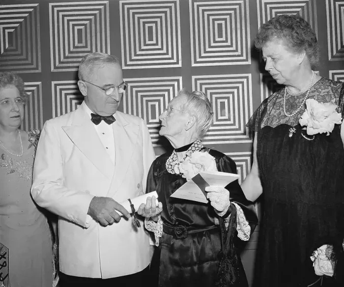 Framed Print : Grandma Moses and Eleanor Roosevelt Recieving Women's Achievement Awards from President Truman. 1949 Framed Print : Grandma Moses and Eleanor Roosevelt Recieving Women's Achievement Awards from President Truman. 1949