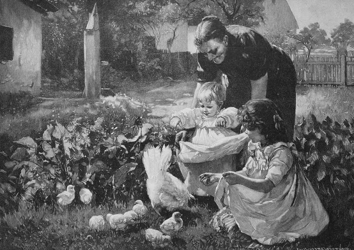 Framed Print : Grandmother showing the baby the freshly hatched chicks, chickens, in the garden, 1880, Germany, Historic, digital reproduction of an original 19th-century painting, original date not known Framed Print : Grandmother showing the baby the freshly hatched chicks, chickens, in the garden, 1880, Germany, Historic, digital reproduction of an original 19th-century painting, original date not known