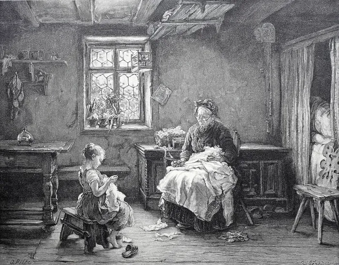Framed Print : Grandmother Teaching Granddaughter to Sew, 1878, Germany, Historic, digitally restored reproduction of an original 19th century pattern Framed Print : Grandmother Teaching Granddaughter to Sew, 1878, Germany, Historic, digitally restored reproduction of an original 19th century pattern