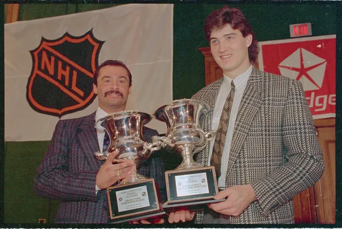 Framed Print : Grant Fuhr and Mario Lemieux Receiving Trophies Framed Print : Grant Fuhr and Mario Lemieux Receiving Trophies
