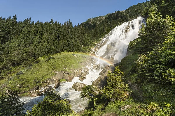 Grawa waterfall at the Wild Water Way, with rainbow, Grawa Alm, mountain pasture, Stubai Valley, Tyrol, Austria, Europe
