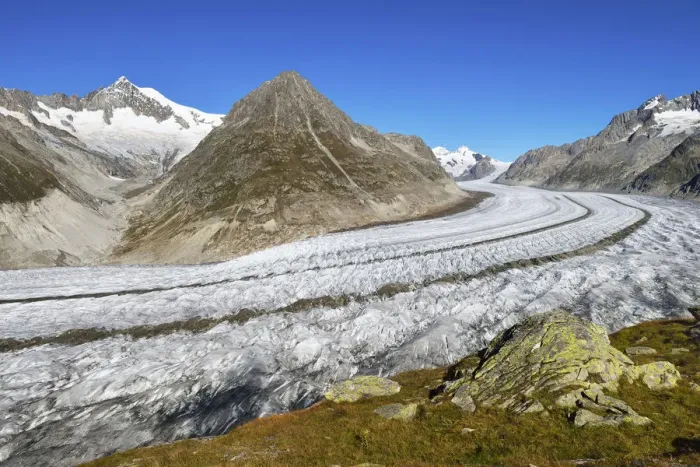Framed Print : Great Aletsch Glacier, Mt Olmenhorn at the front, Mt Aletschhorn at the back, Canton of Valais, Goms, Switzerland