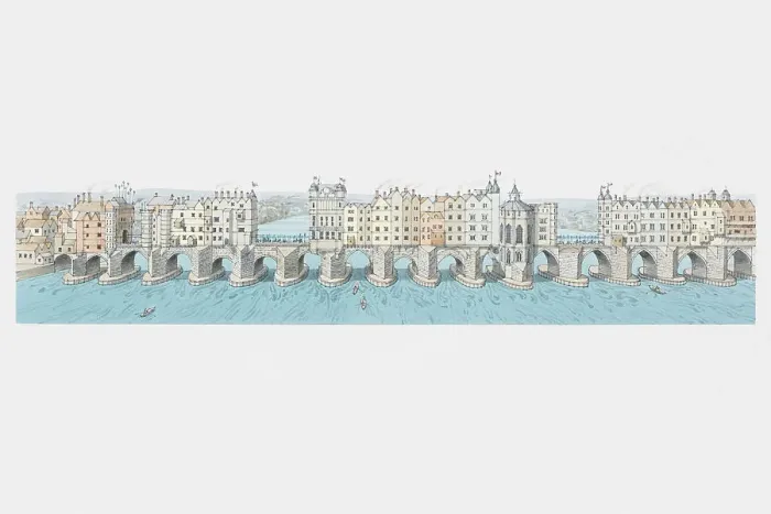 Framed Print : Great Britain, England, London, panoramic view of London Bridge circa 1550 Framed Print : Great Britain, England, London, panoramic view of London Bridge circa 1550