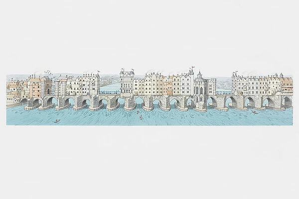 Great Britain, England, London, panoramic view of London Bridge circa 1550