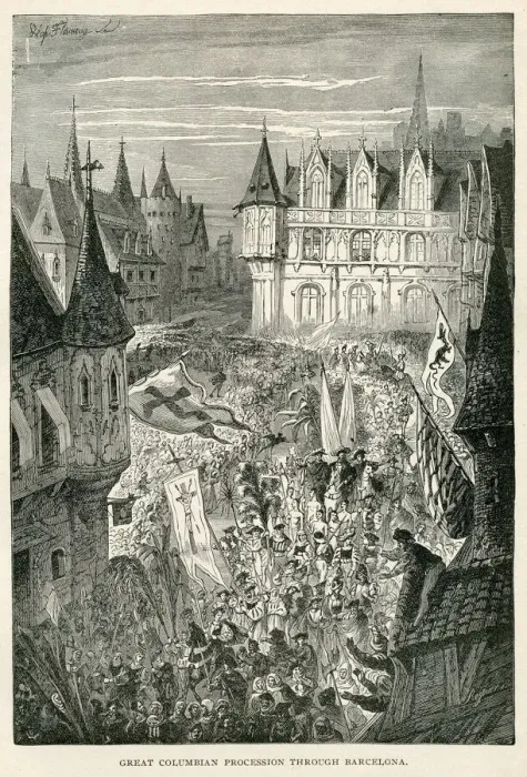 Framed Print : Great Columbian procession through Barcelona engraving 1892 Framed Print : Great Columbian procession through Barcelona engraving 1892