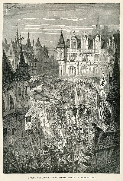 Great Columbian procession through Barcelona engraving 1892