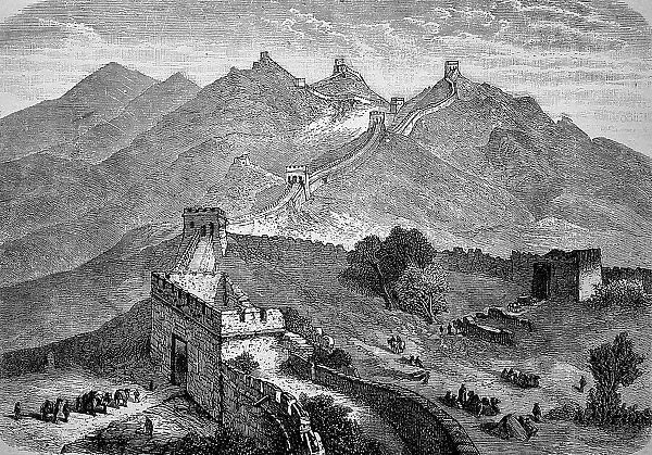 The Great Wall of China, China, in the year 1870, Historical, digital reproduction of an original 19th century original
