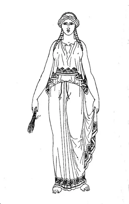Framed Print : Greece, Priestess of Demeter, in chiton with dipolidion and colpos, after a vase painting, Fashion History, Costume History, Historical, digital reproduction of an original 19th century pattern Framed Print : Greece, Priestess of Demeter, in chiton with dipolidion and colpos, after a vase painting, Fashion History, Costume History, Historical, digital reproduction of an original 19th century pattern