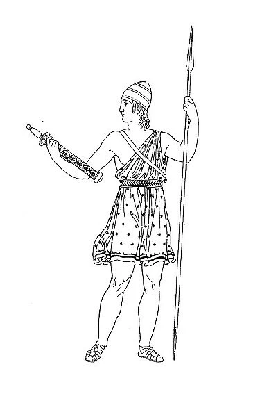 Greece, Weapons bearer, dressed in eromis, after a vase painting, History of Fashion, Costume History, Historical, digital reproduction of an original 19th century design