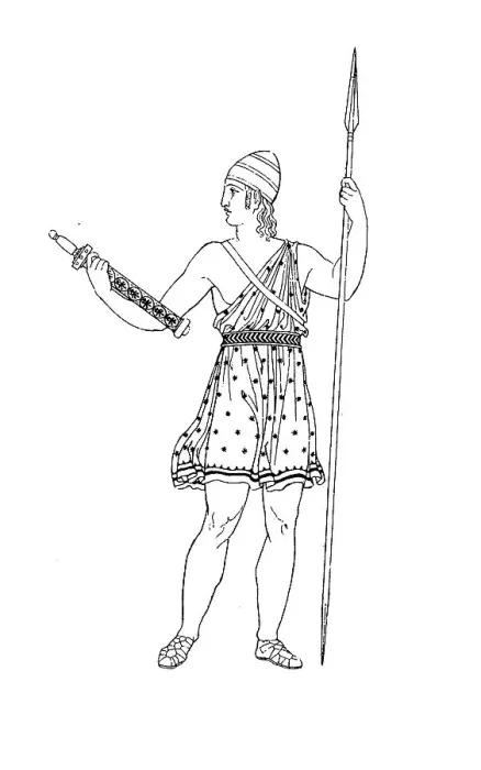 Framed Print : Greece, Weapons bearer, dressed in eromis, after a vase painting, History of Fashion, Costume History, Historical, digital reproduction of an original 19th century design Framed Print : Greece, Weapons bearer, dressed in eromis, after a vase painting, History of Fashion, Costume History, Historical, digital reproduction of an original 19th century design