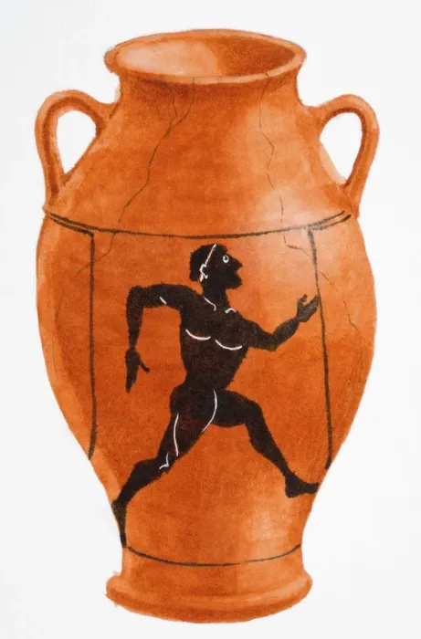 Framed Print : Greek black figure pot with illustration of a running man