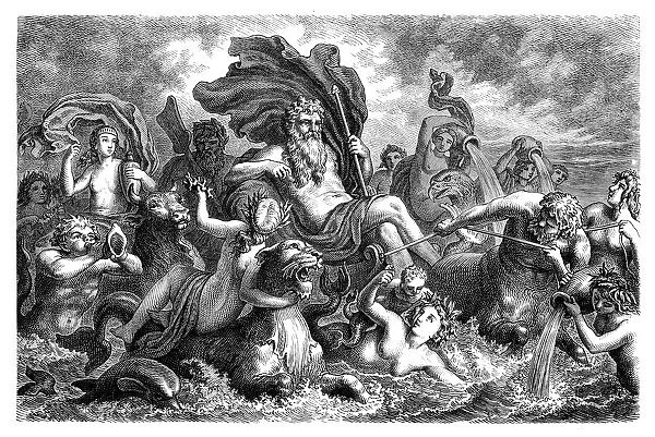 Greek goddess Oceanus surrounded by Tritons and Nereids