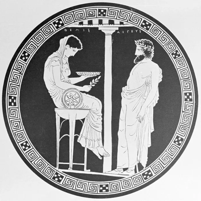 Framed Print : Greek Red-figure Painting of King Aigeus Consulting the Priestess Pythia at Delphi