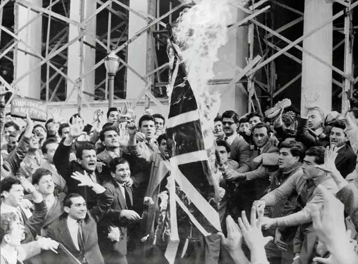 Framed Print : Greeks Burning British Flag Framed Print : Greeks Burning British Flag