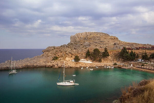 Green bay and its beach near the village of Lindos on Rhodos Island, Greece