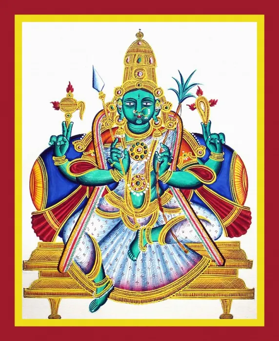 Framed Print : A green-complexioned goddess sits in lalitasana on a dais Framed Print : A green-complexioned goddess sits in lalitasana on a dais