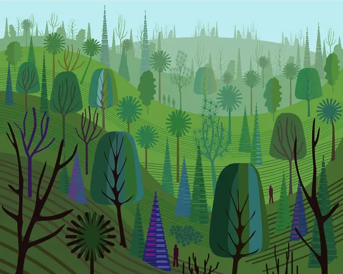 Framed Print : Green Forest Refreshing Mountain Landscape Illustration Framed Print : Green Forest Refreshing Mountain Landscape Illustration