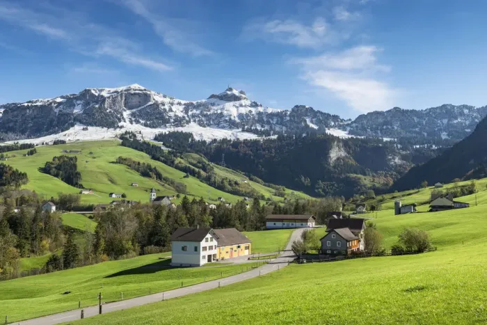 Framed Print : Green pastures in Appenzellerland in front of the snow-capped Appenzell Alps, Canton of Appenzell-Innerrhoden, Switzerland, Europe Framed Print : Green pastures in Appenzellerland in front of the snow-capped Appenzell Alps, Canton of Appenzell-Innerrhoden, Switzerland, Europe