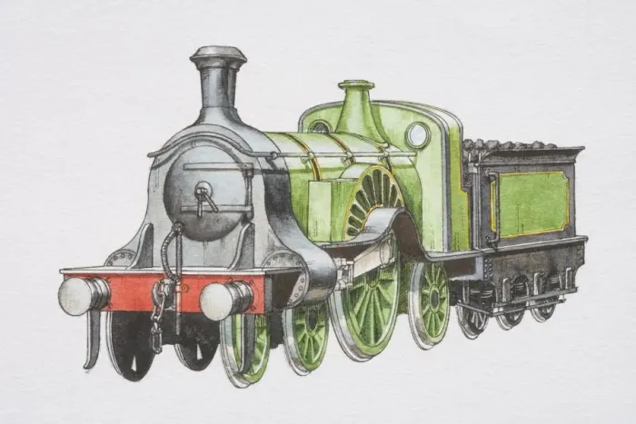 Framed Print : Green Stirling Single locomotive with a coal bunker, front view Framed Print : Green Stirling Single locomotive with a coal bunker, front view