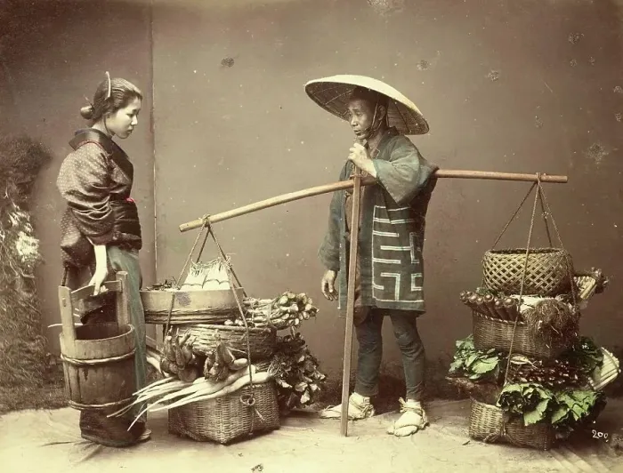 Framed Print : Greengrocer with customer, c. 1880, Japan, Historic, digitally restored reproduction from an original of the period Framed Print : Greengrocer with customer, c. 1880, Japan, Historic, digitally restored reproduction from an original of the period
