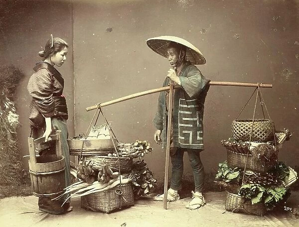 Greengrocer with customer, c. 1880, Japan, Historic, digitally restored reproduction from an original of the period