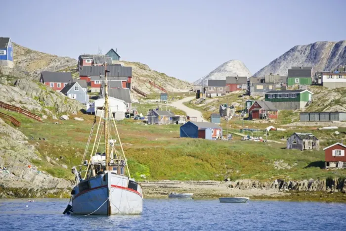 Framed Print : Greenland, Kulusuk, fishing boat anchored near shore Framed Print : Greenland, Kulusuk, fishing boat anchored near shore