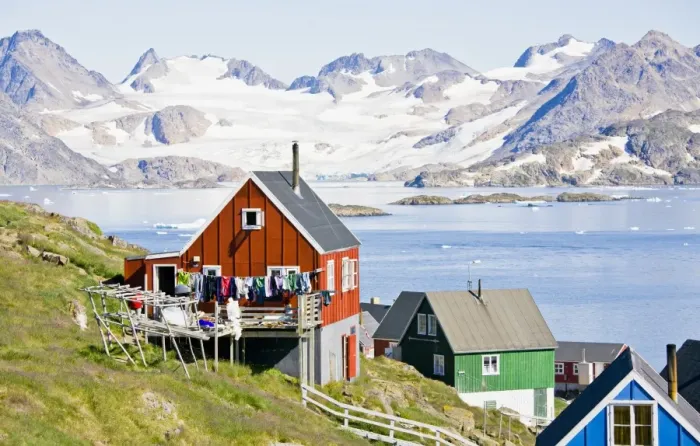 Framed Print : Greenland, Kulusuk, houses with laundry lines Framed Print : Greenland, Kulusuk, houses with laundry lines
