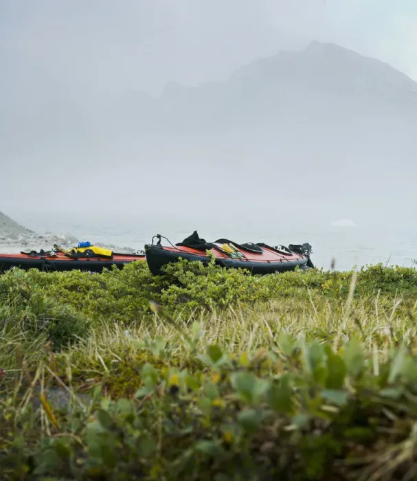 Framed Print : Greenland, Tasiilaq, sea kayaks on misty morning Framed Print : Greenland, Tasiilaq, sea kayaks on misty morning
