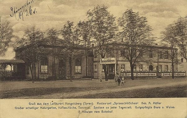 Greeting from the climatic health resort Hangelsberg an der Spree, Brandenburg, Germany, postcard with text, view around ca 1910, historical, digital reproduction of a historical postcard, public domain, from that time, exact date unknown
