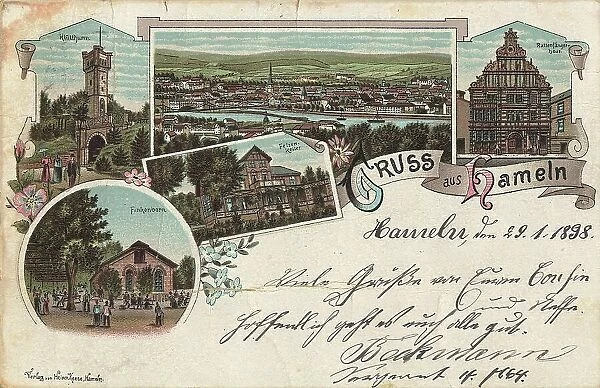 Greeting from Hameln, Lower Saxony, Germany, postcard with text, view around ca 1910, historical, digital reproduction of a historical postcard, public domain, from that time, exact date unknown