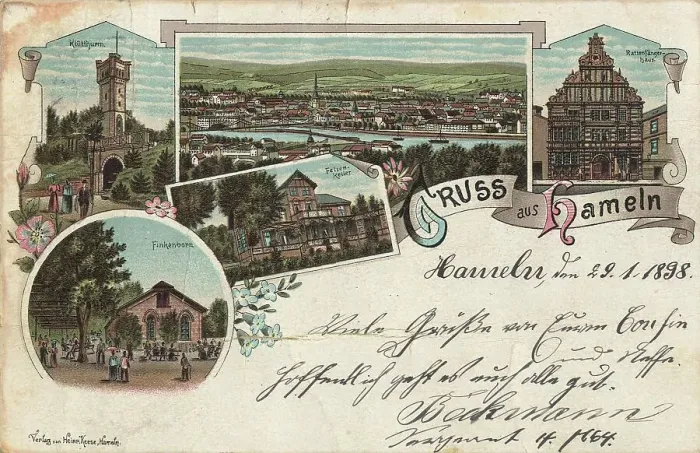 Framed Print : Greeting from Hameln, Lower Saxony, Germany, postcard with text, view around ca 1910, historical, digital reproduction of a historical postcard, public domain, from that time, exact date unknown Framed Print : Greeting from Hameln, Lower Saxony, Germany, postcard with text, view around ca 1910, historical, digital reproduction of a historical postcard, public domain, from that time, exact date unknown
