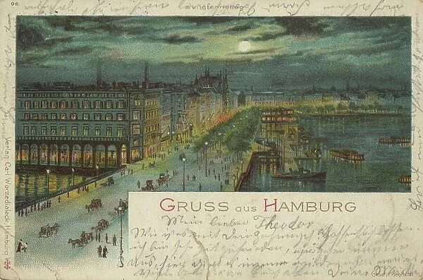Greeting from the Jungfernstieg, Hamburg, Germany, postcard with text, view around ca 1910, historical, digital reproduction of a historical postcard, public domain, from that time, exact date unknown