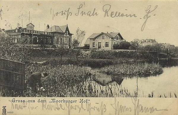Greeting from the Moorburger Hof, Hamburg, Germany, postcard with text, view around ca 1910, historical, digital reproduction of a historical postcard, public domain, from that time, exact date unknown