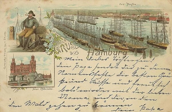 Greetings from Hamburg, Germany, postcard with text, view circa 1910, historical, digital reproduction of a historical postcard, public domain, from that time, exact date unknown